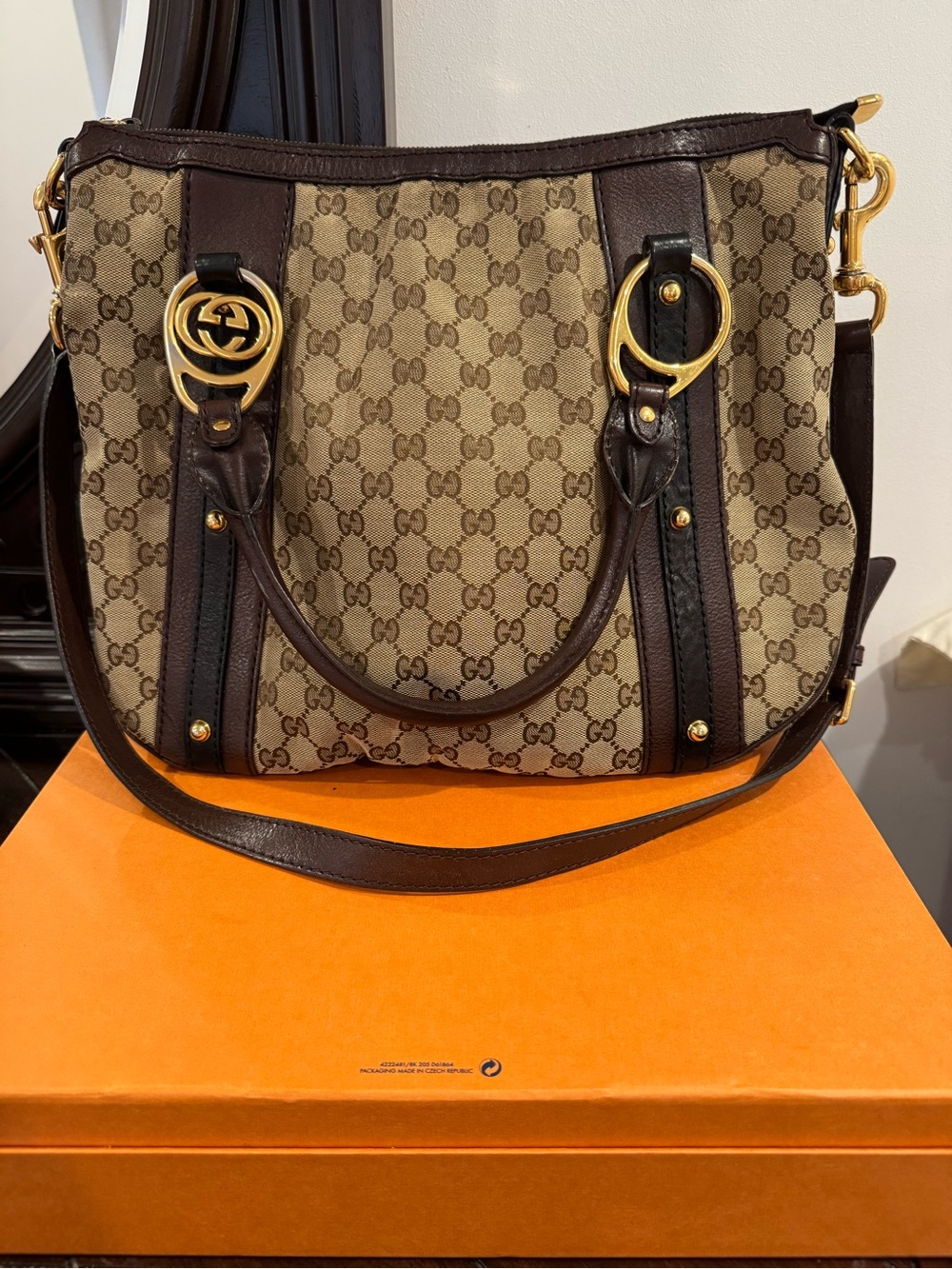 Gucci Beige and Dark Brown GG Canvas Shoulder Bag with Gold Hardware